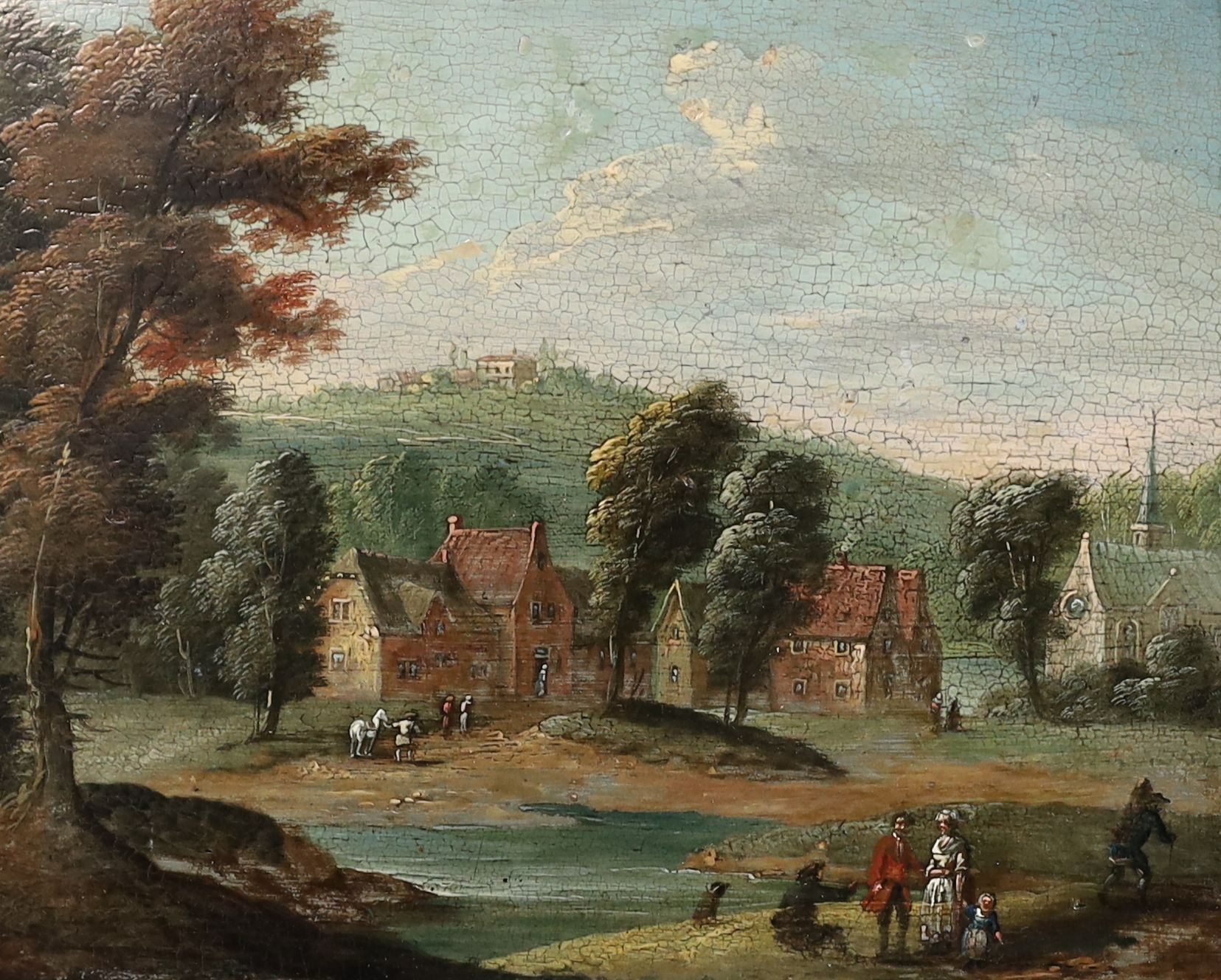 Follower of Jacob Salomonsz van Ruysdael (Dutch, 1629-1682), Figures in a landscape with houses and church beyond, oil on wooden panel, 20 x 24cm